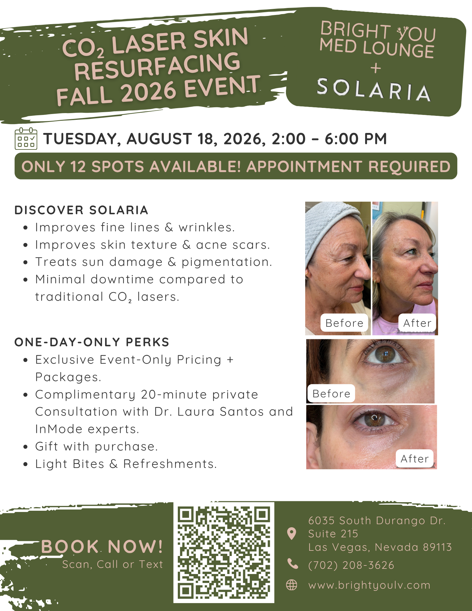 CO Laser Skin Resurfacing fall 2026 event flyer with before-and-after face photos and booking details