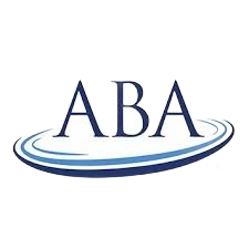 ABA logo in navy blue with a swooping oval underline on a white background