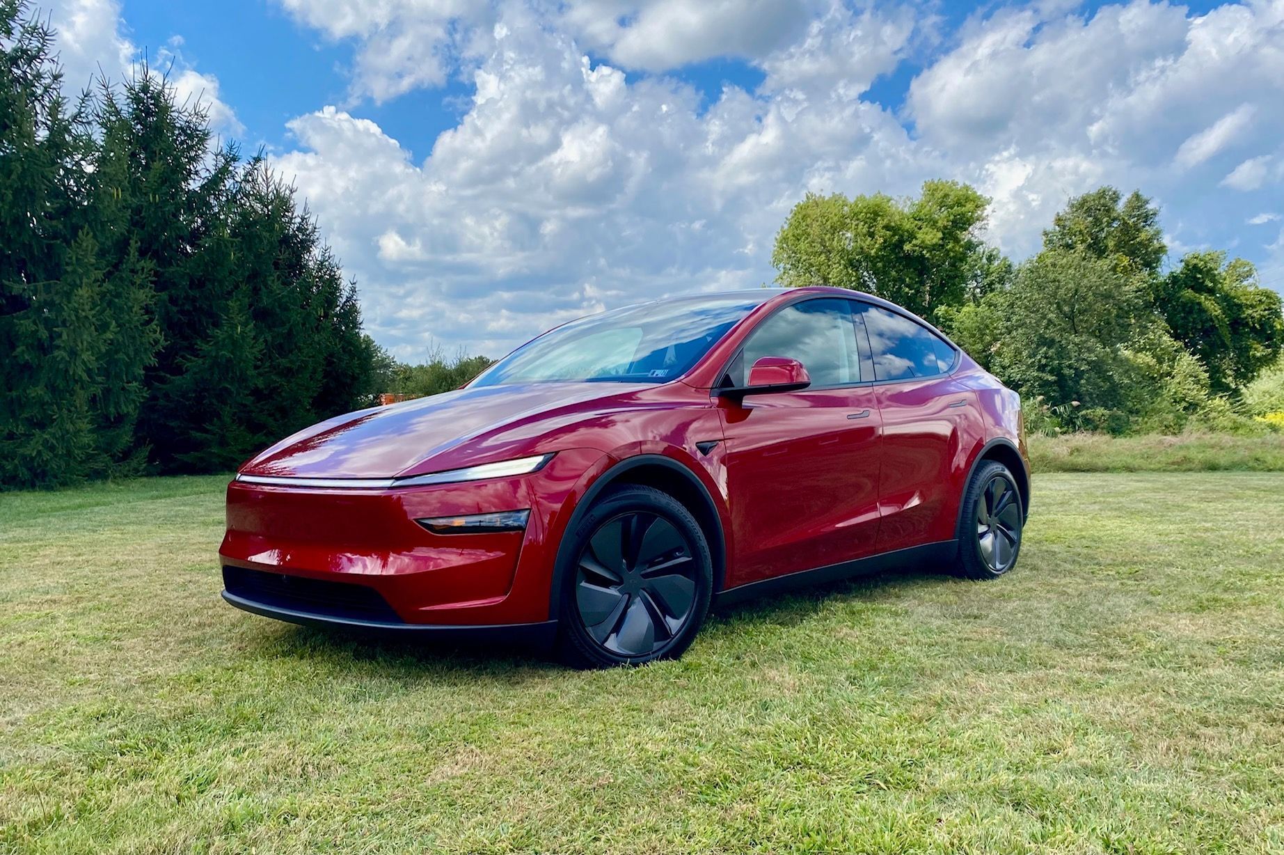 Red Tesla parked on grass with trees and cloudy sky.