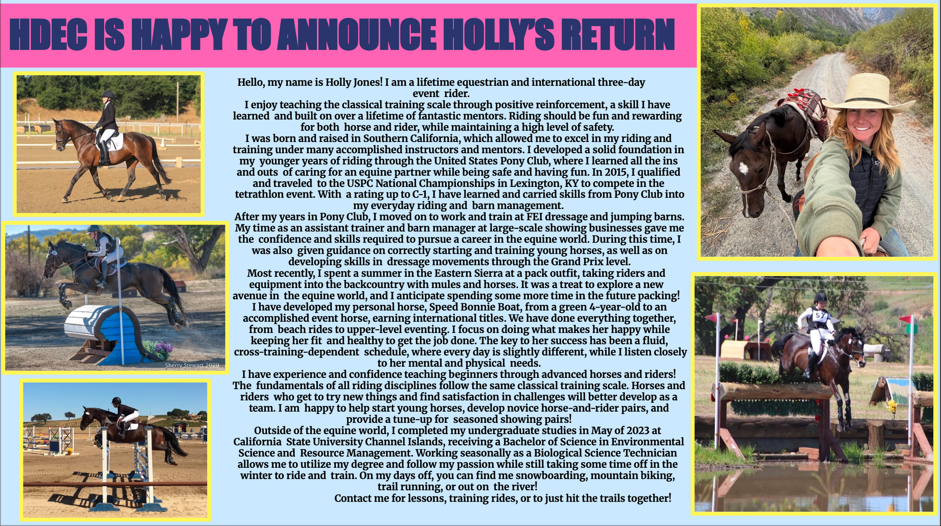 HDEC announcement with photos of a woman riding horses. Text reads