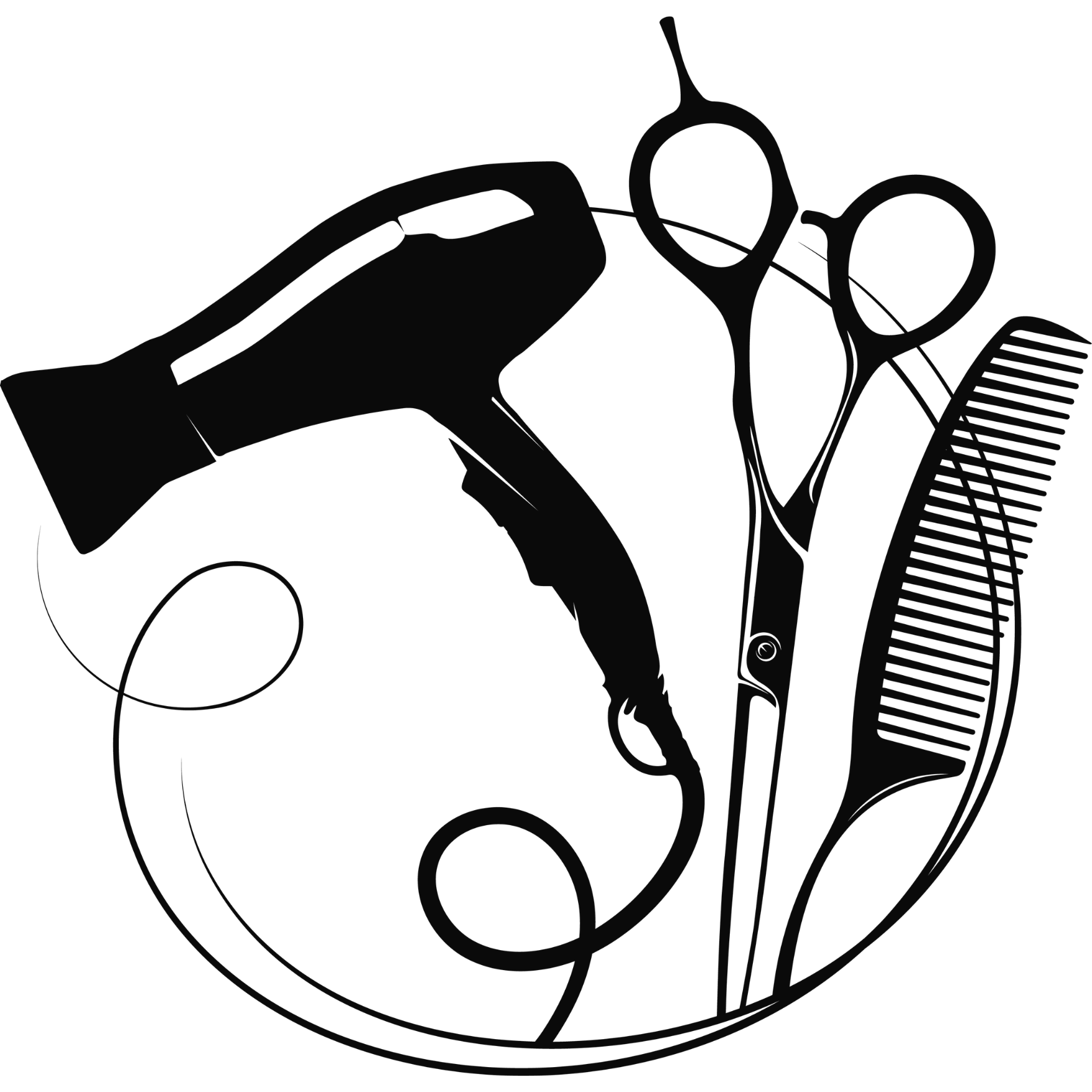 Black hairdressing tools—hairdryer, scissors, comb, and curling iron—arranged in a circular design.