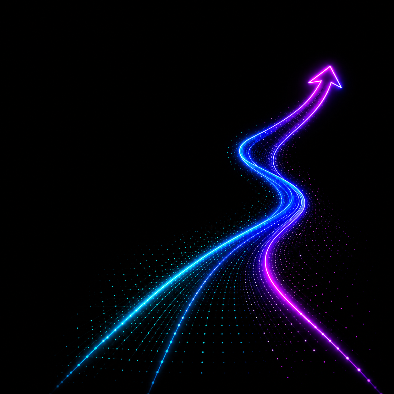 Neon blue and purple glowing abstract lines curve upward on a black background.