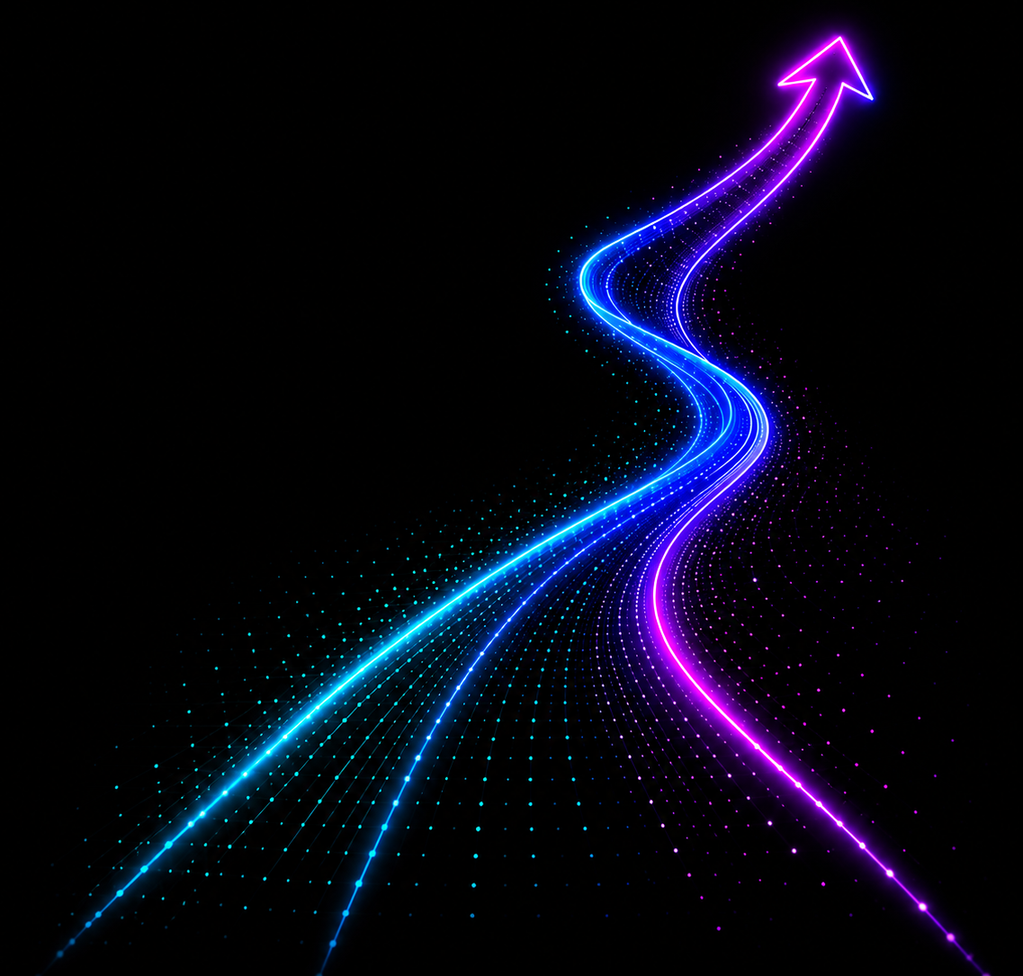 Neon blue and purple light trails curve upward into an arrow on a black background.