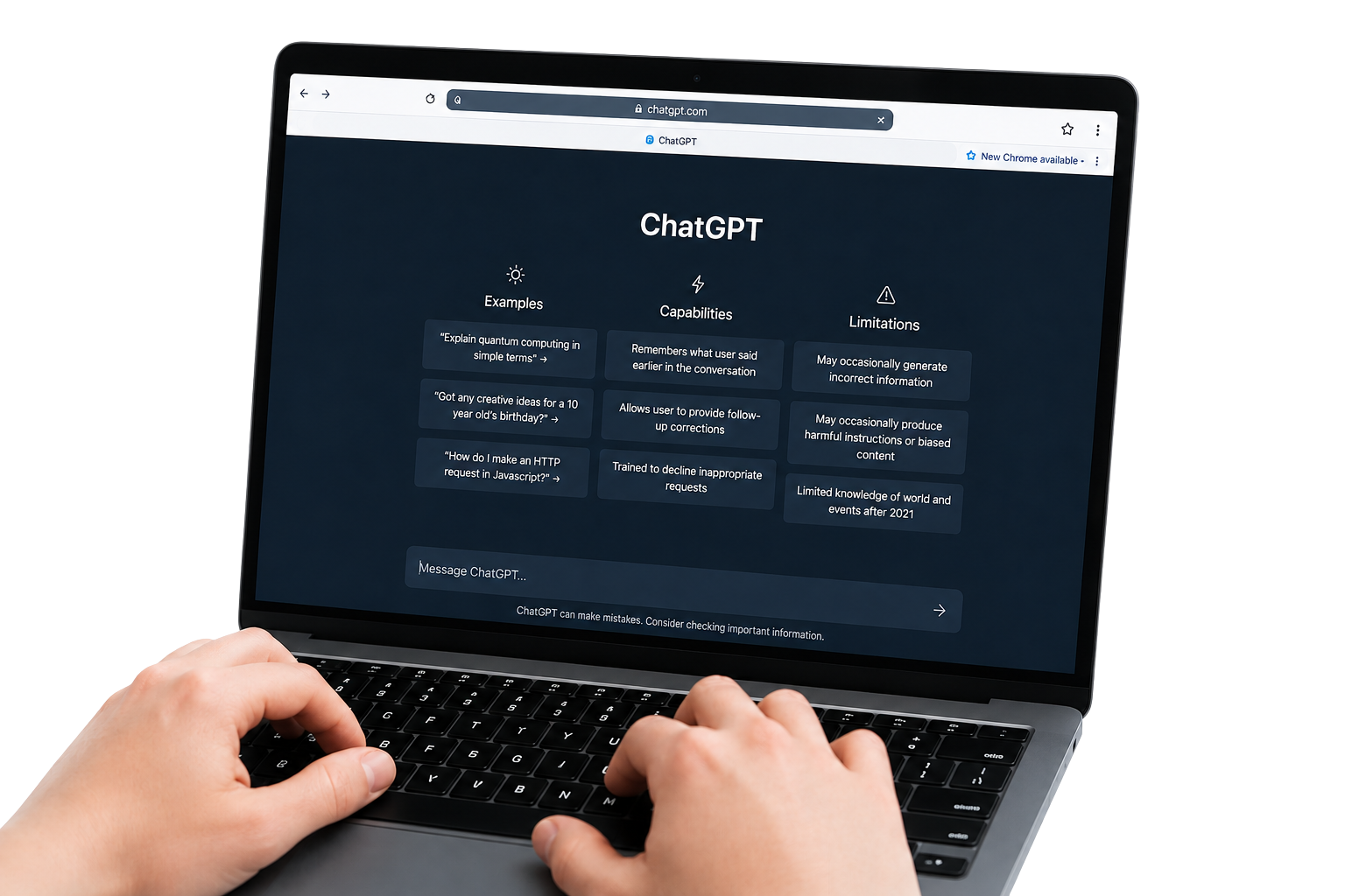 Person typing on a laptop showing the ChatGPT homepage in a dark browser window