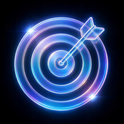 Glowing neon blue target with an arrow hitting the bullseye on a dark background