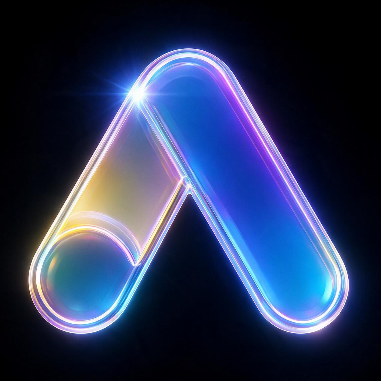 Google Ads Management Glowing neon gradient logo of a stylized angled ribbon in blue, pink, and gold on a black background