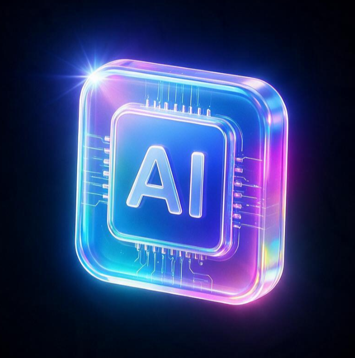 AIO Glowing neon AI chip icon with blue, purple, and pink light on a dark background