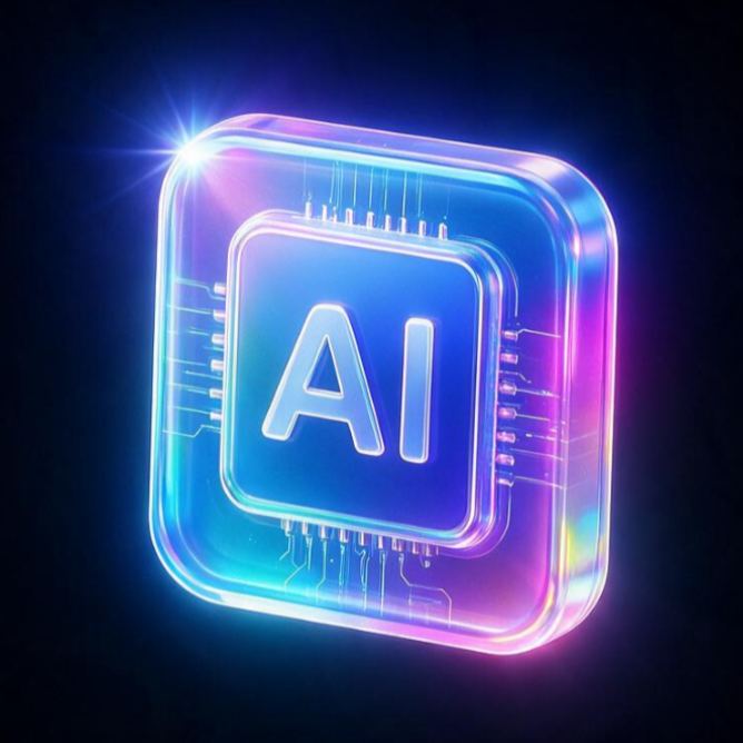 AI Optimisation (AIO) Glowing neon AI chip icon with blue and pink circuitry on a dark background