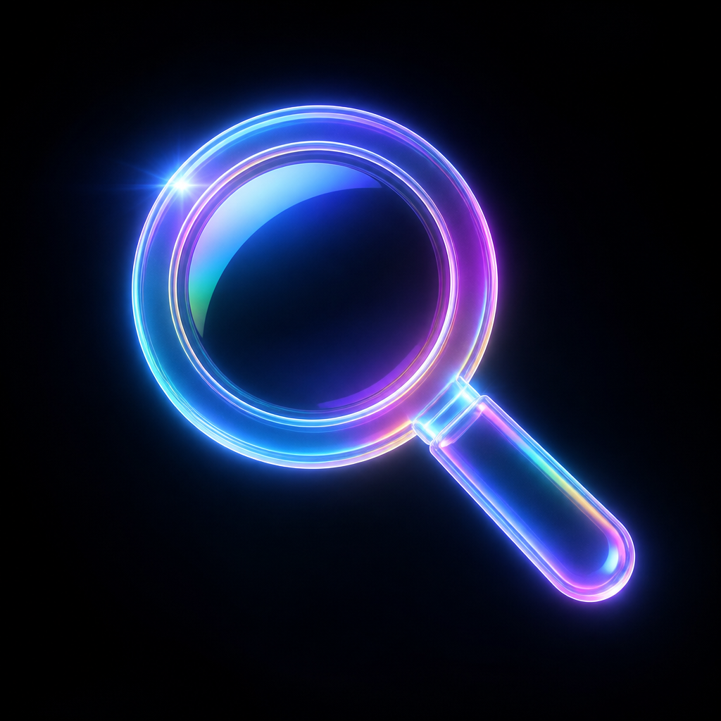 Neon blue and purple magnifying glass icon on a black background.