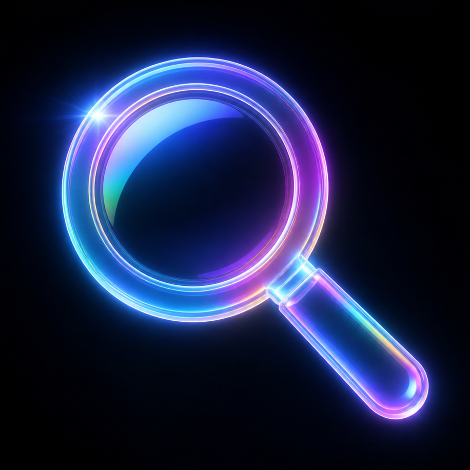 SEO Neon blue and purple magnifying glass icon on a dark background