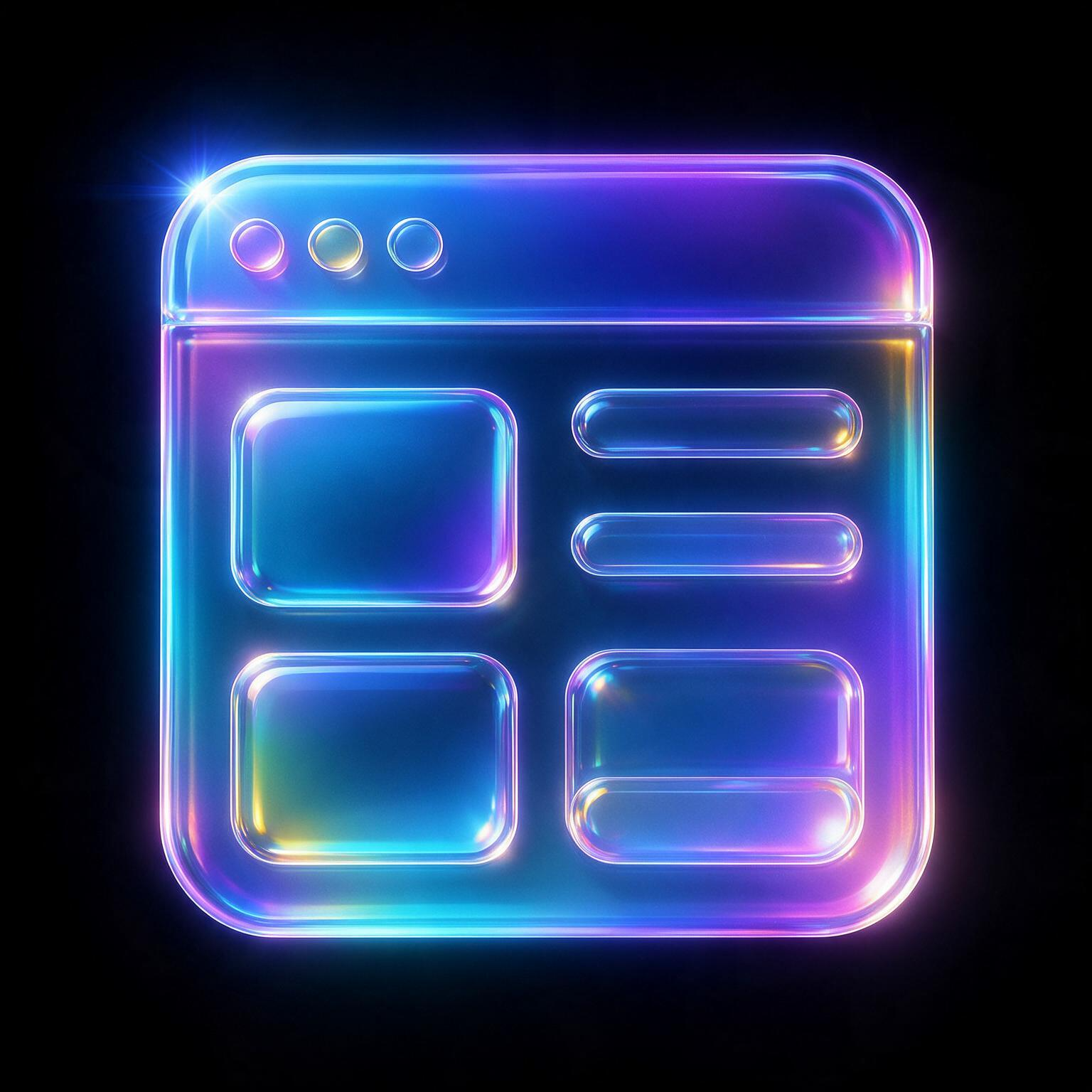 Websites Neon glowing app window icon in blue, purple, and pink with rounded panels
