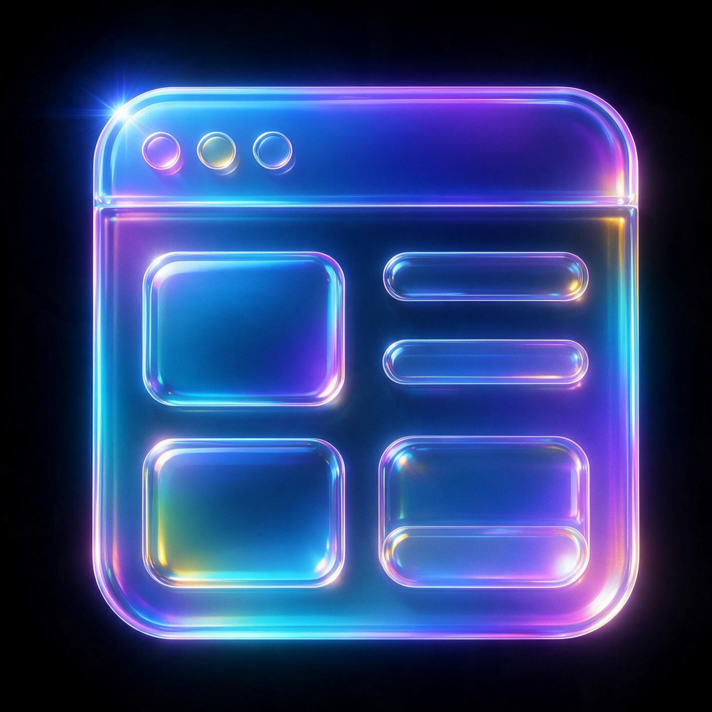 Websites Neon glowing app window icon with blue, pink, and purple gradient panels on a dark background
