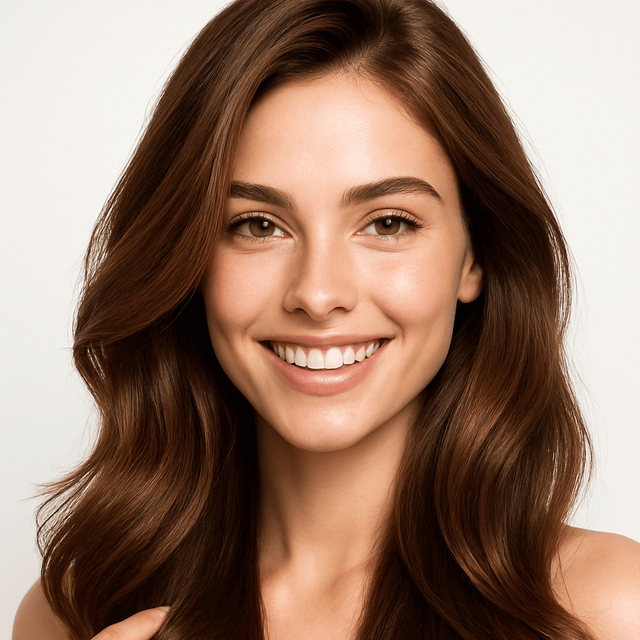 Happy guest with glossy brown hair