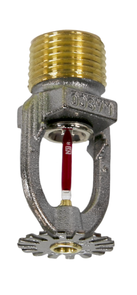 A close up of a fire sprinkler on a white background.