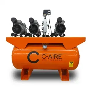 An orange c-aire air compressor with three motors