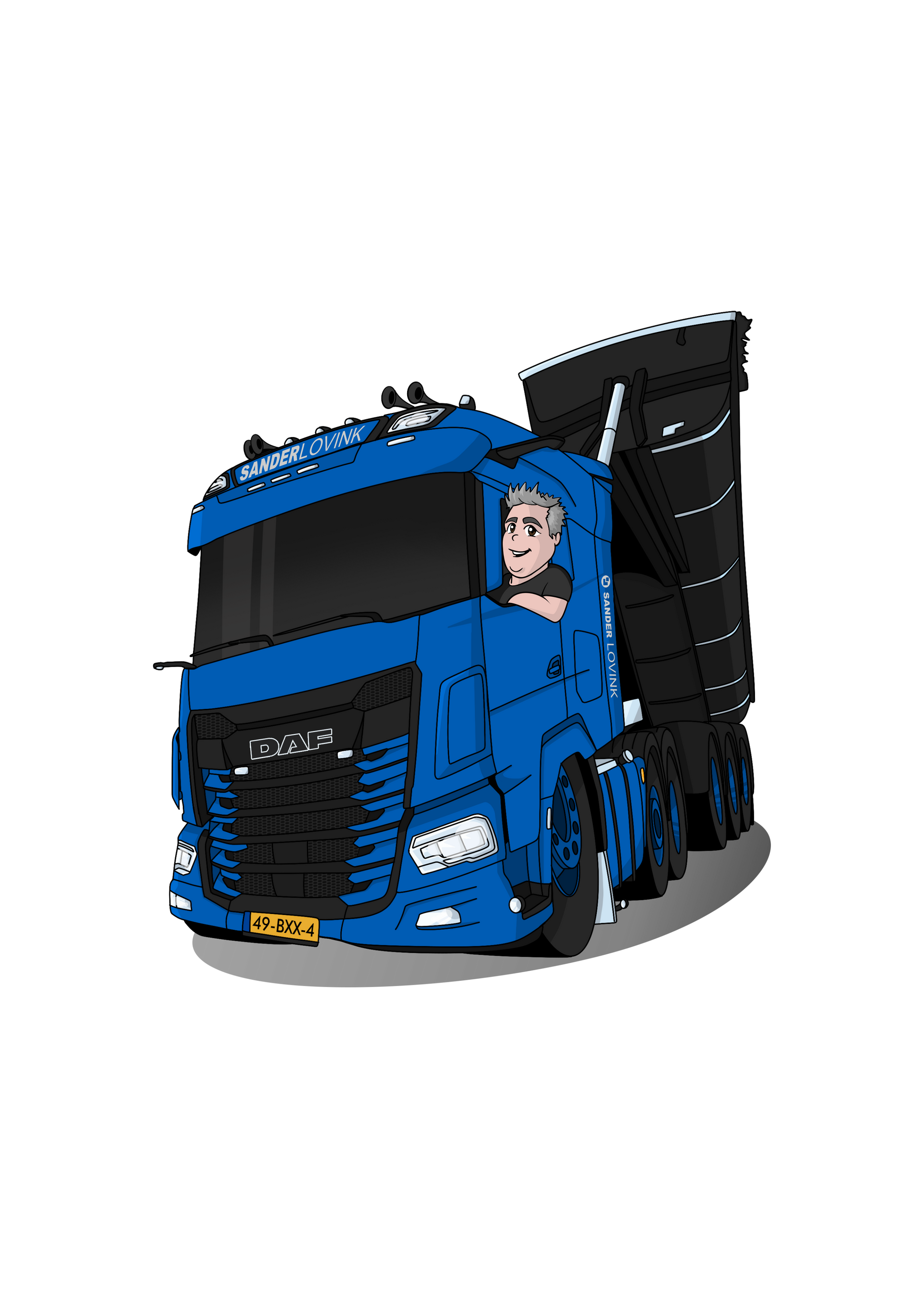 Blauwe vrachtwagen met zwarte oplegger en een cartoonachtige chauffeur op een witte achtergrond.