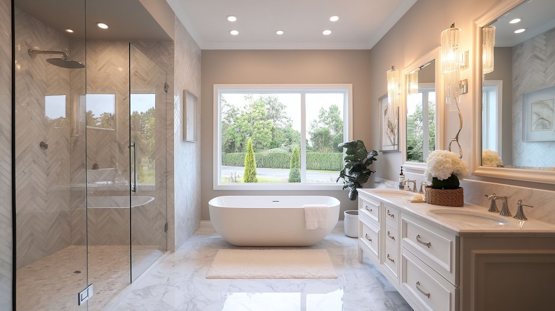 Contemporary bathroom with double vanity and glass shower enclosure bathroom interior renovation