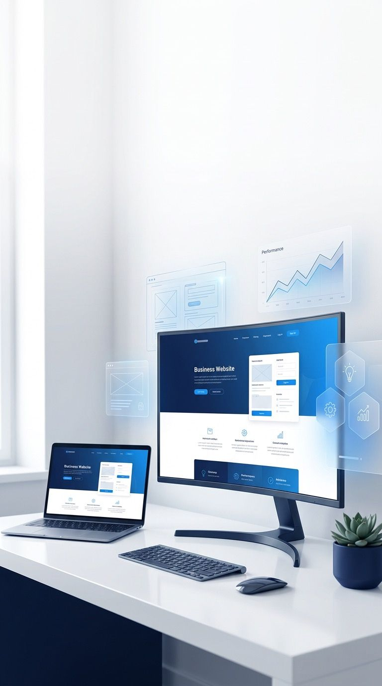 A minimalist desk setup with a laptop and monitor displaying business data interfaces and charts in blue tones.