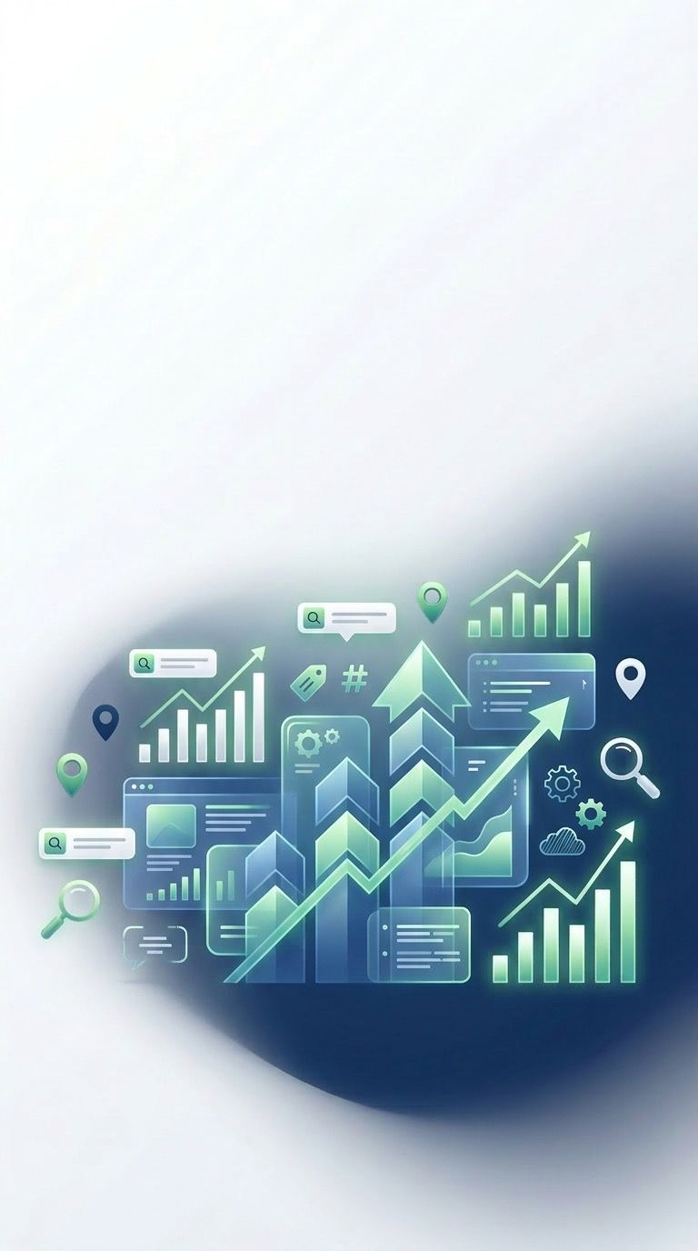 Abstract blue and green digital graphic showing ascending bar charts, trend lines, and data icons, symbolizing growth.