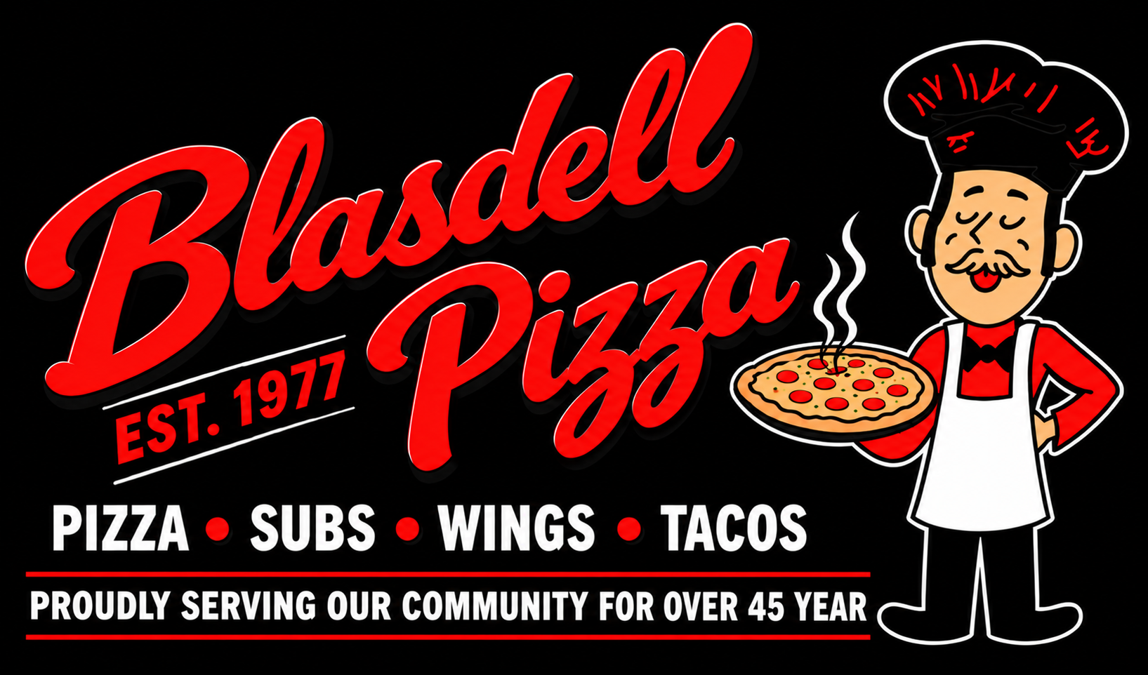 Blasdell Pizza logo with red script text and a cartoon chef holding a pizza.