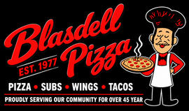 Blasdell Pizza logo with red script text and a cartoon chef holding a pizza.