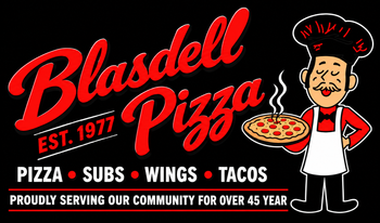 Blasdell Pizza logo with red script text and a cartoon chef holding a pizza.