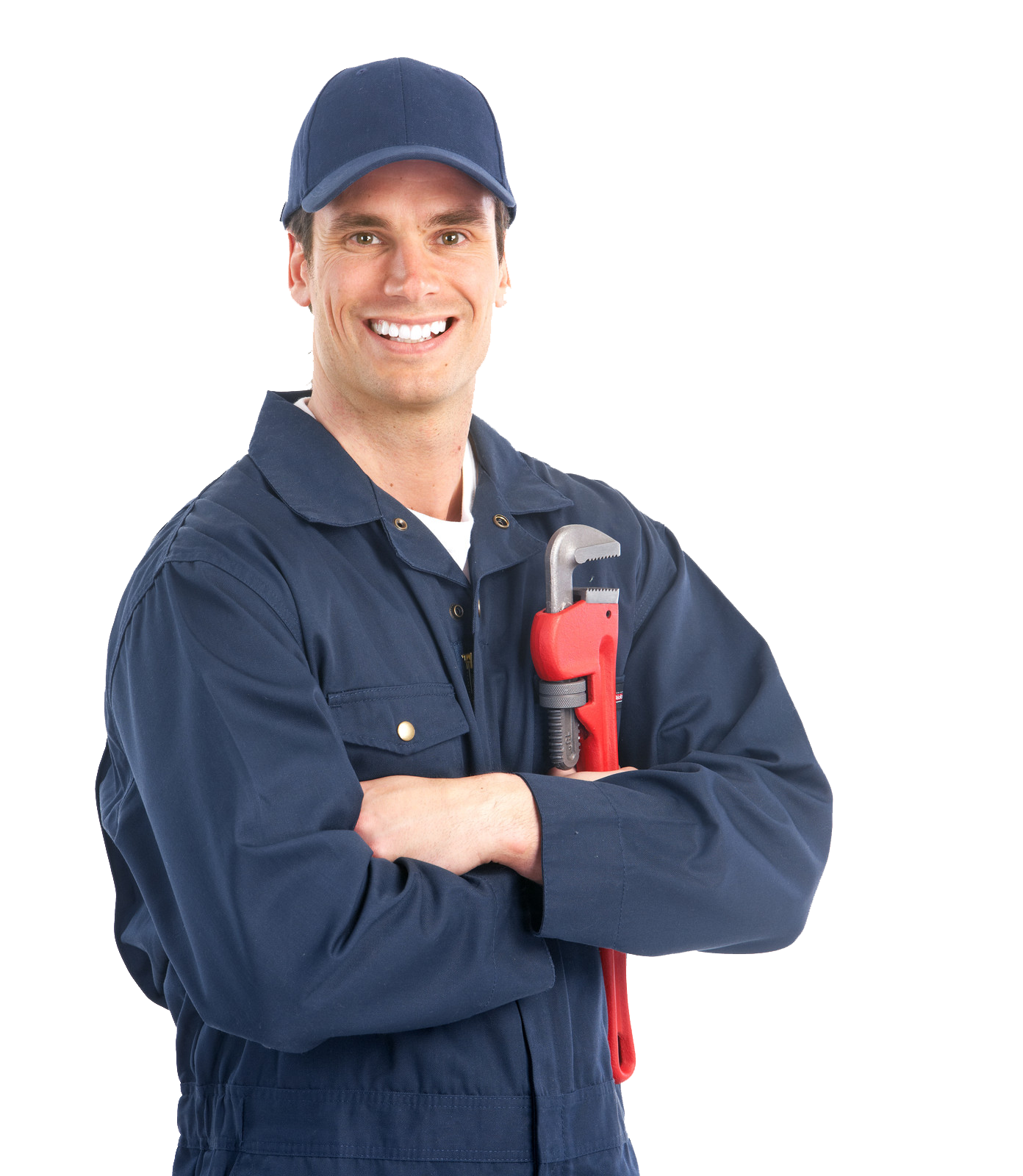 A man in a blue uniform is holding a wrench and smiling