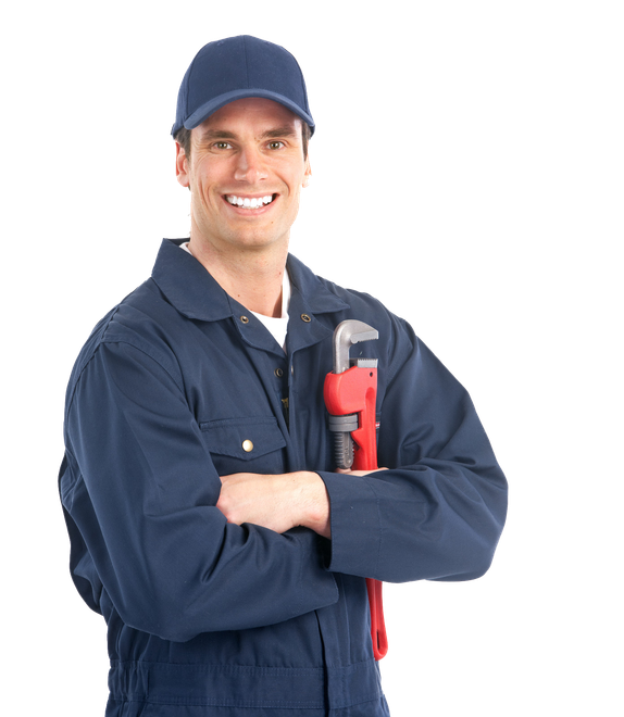 A man in a blue uniform is holding a wrench and smiling