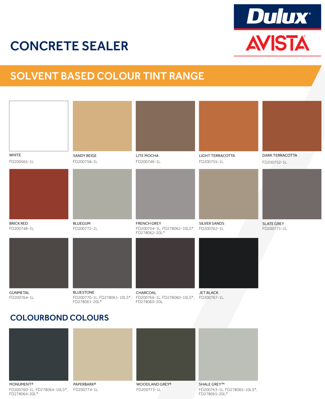 A brochure for dulux avista concrete sealer solvent based colour tint range