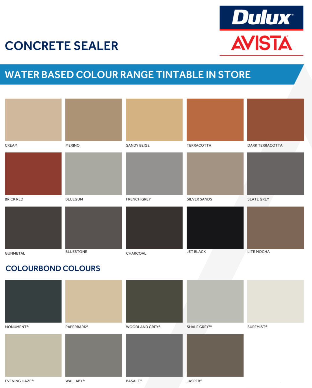 A Dulux concrete sealer water based colour range tintable in store, that M.C.S have in there concrete sealer colour selection for concrete sealing services.