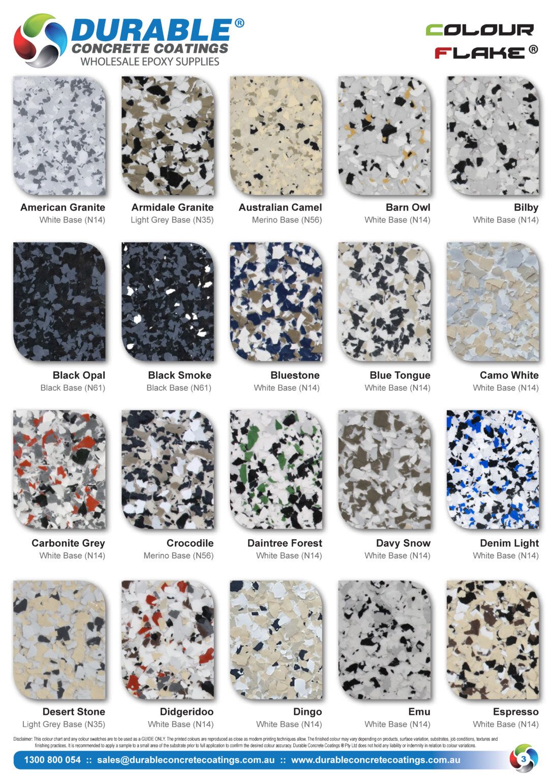 Melbourne Concrete Sealing - DCC Colour Flake Epoxy Flooring Color Swatch Chart Part 1