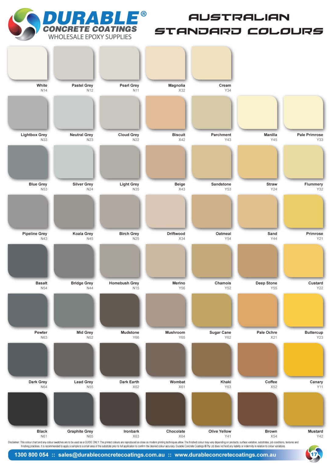 Melbourne Concrete Sealing - DCC Durable Concrete Coatings Australian Standard Colours Swatch Chart