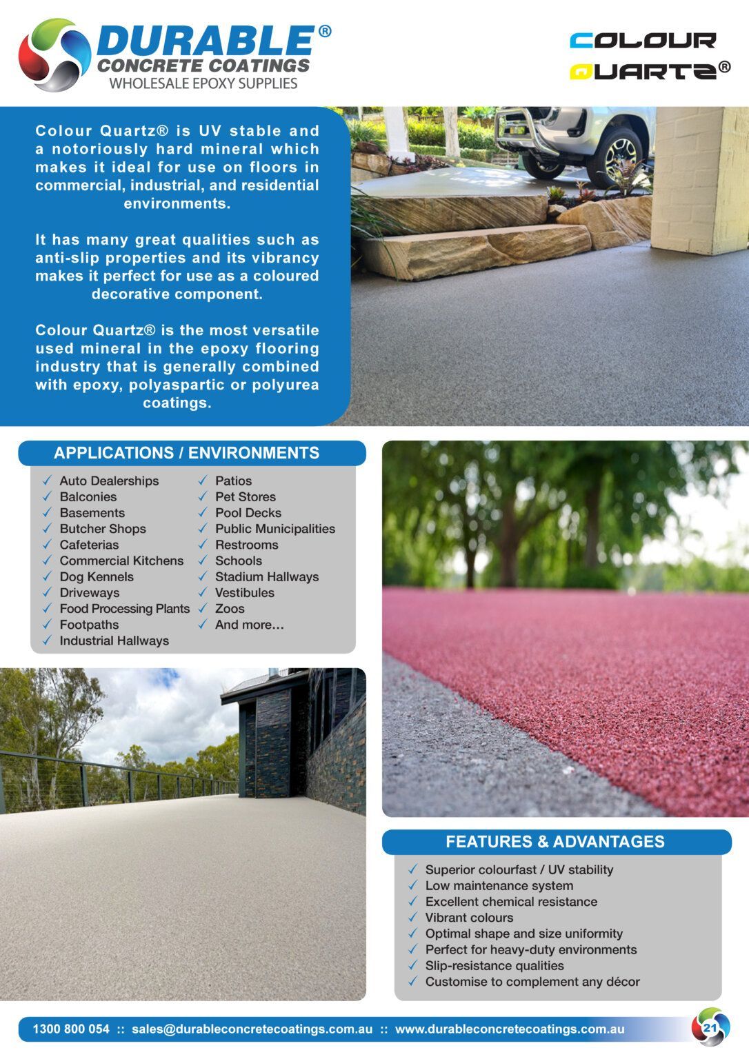 Melbourne Concrete Sealing Colour Quartz epoxy flooring features, slip resistance qualities, and application options.