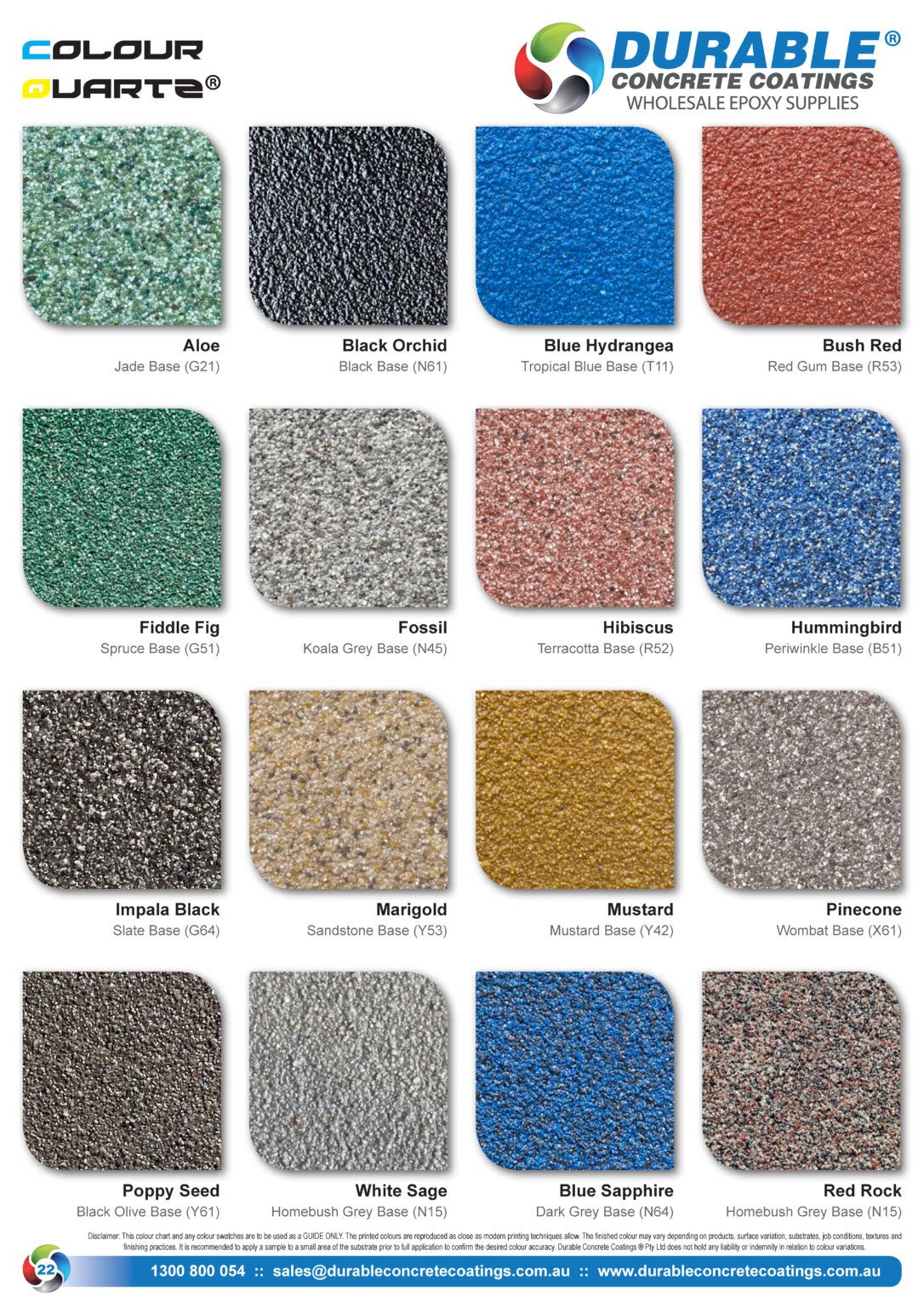 Melbourne Concrete Sealing Colour Quartz aggregate chart featuring Marigold, Fossil, and Blue Sapphire finishes.