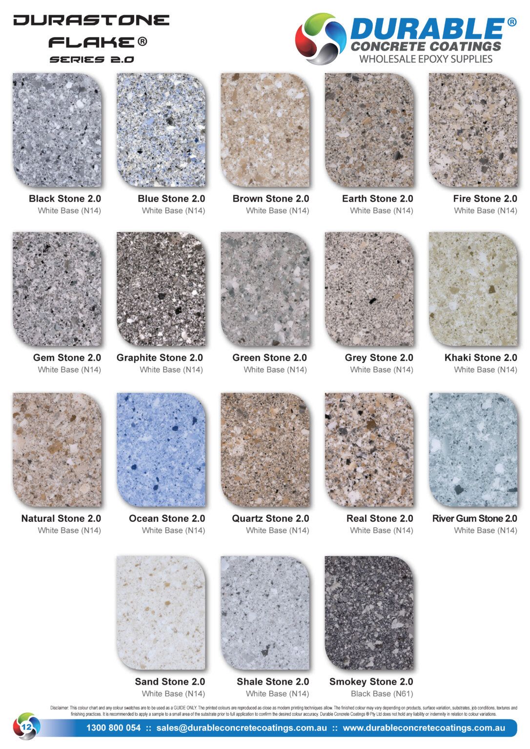 Melbourne Concrete Sealing Durastone Flake Series 2.0 epoxy colour chart featuring Black Stone, Gem Stone, and Sand Stone finishes.