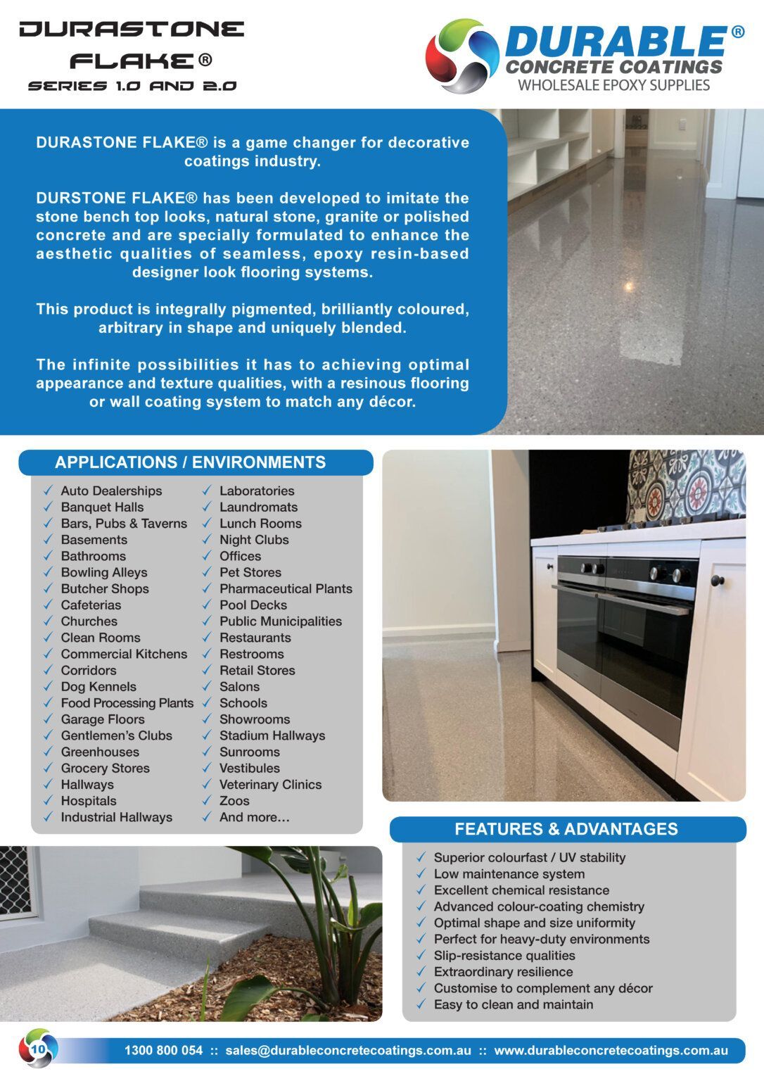 Melbourne Concrete Sealing and Resurfacing Durastone Flake epoxy flooring features, applications, and commercial system specifications.