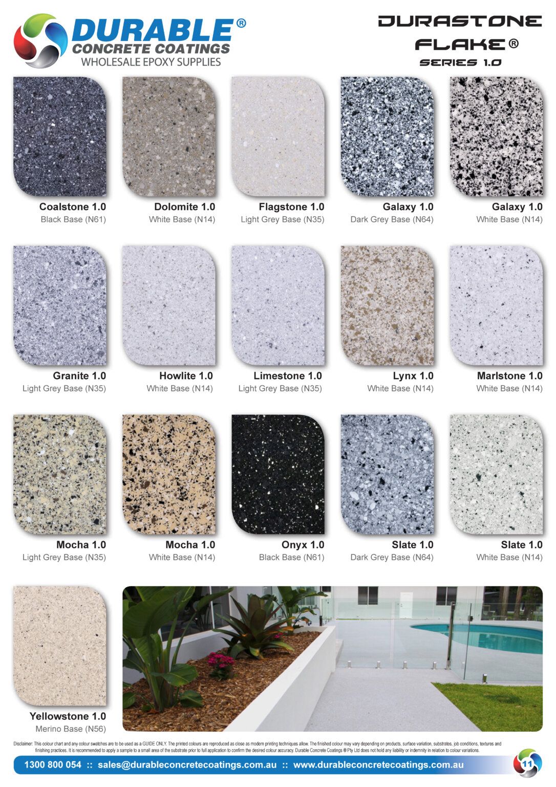 Melbourne Concrete Sealing Durastone Flake Series 1.0 epoxy flooring colour chart including Coalstone, Slate, and Onyx finishes.