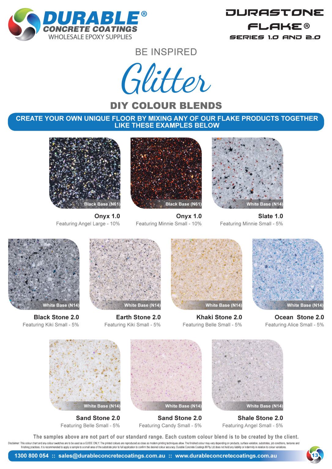 Melbourne Concrete Sealing Durastone Flake Series 2.0 epoxy colour chart featuring Black Stone, Gem Stone, and Sand Stone finishes.