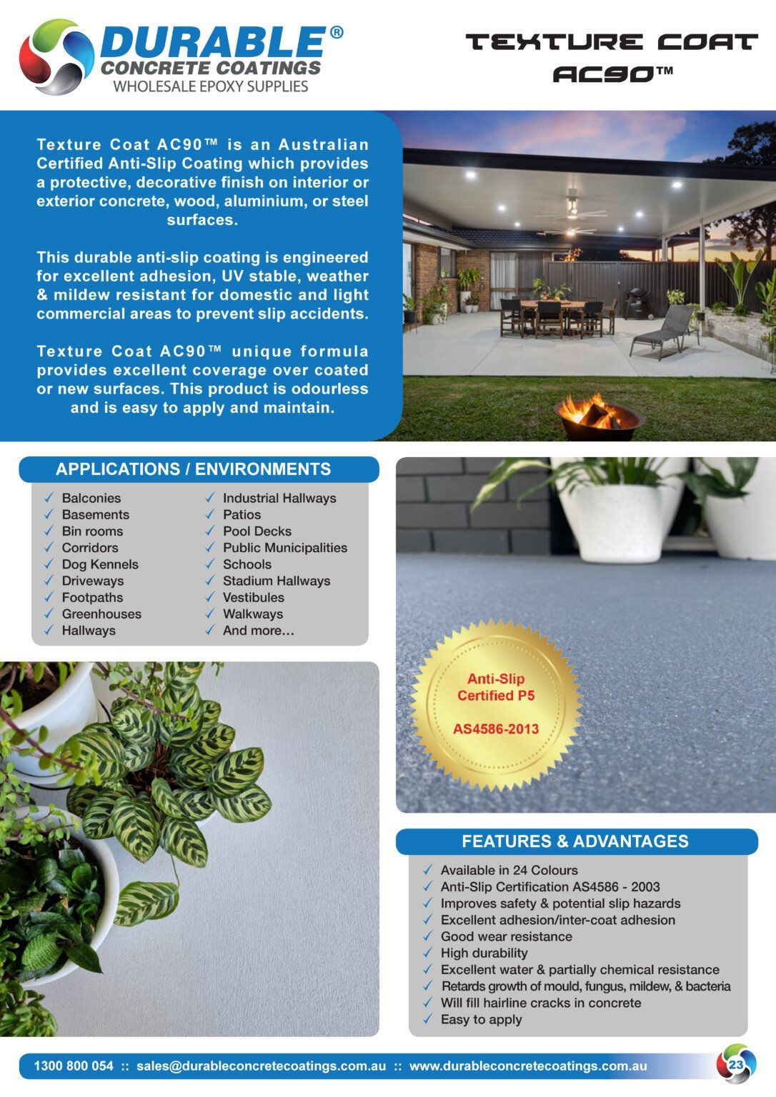 Melbourne Concrete Sealing Texture Coat AC90 anti-slip protective coating chart featuring P5 certified finishes.