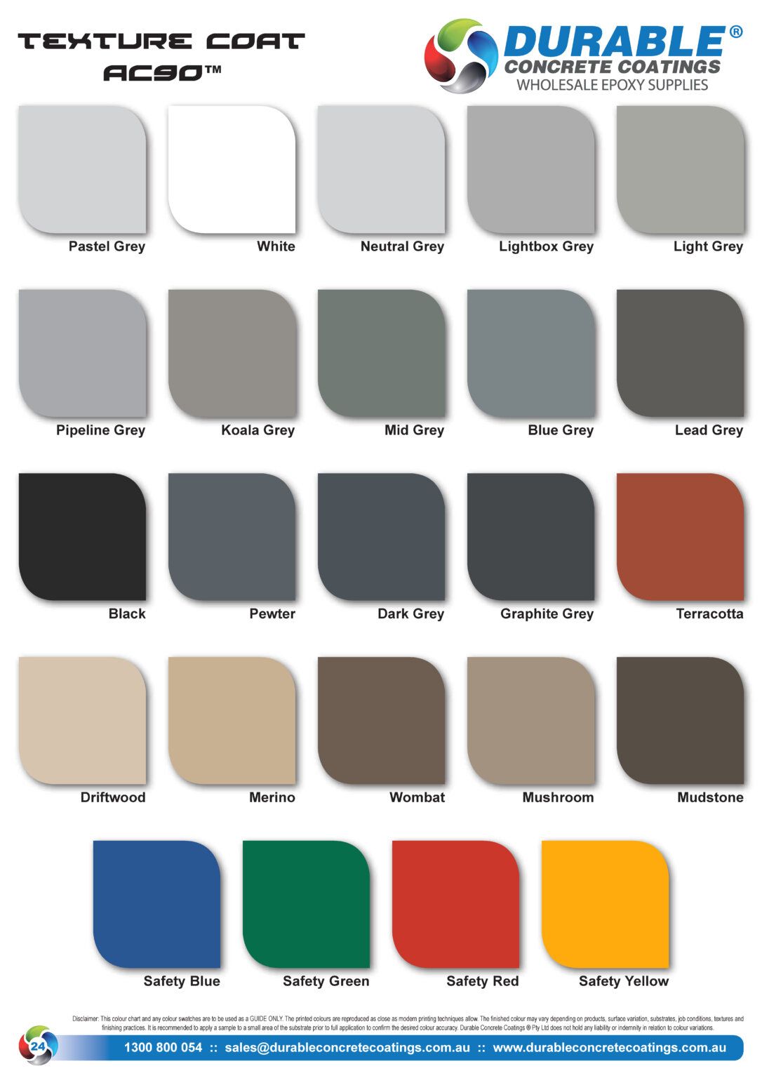 Melbourne Concrete Sealing and Resurfacing Texture Coat AC90 colour chart with anti-slip finishes including Slate, Charcoal, and Safety Red.