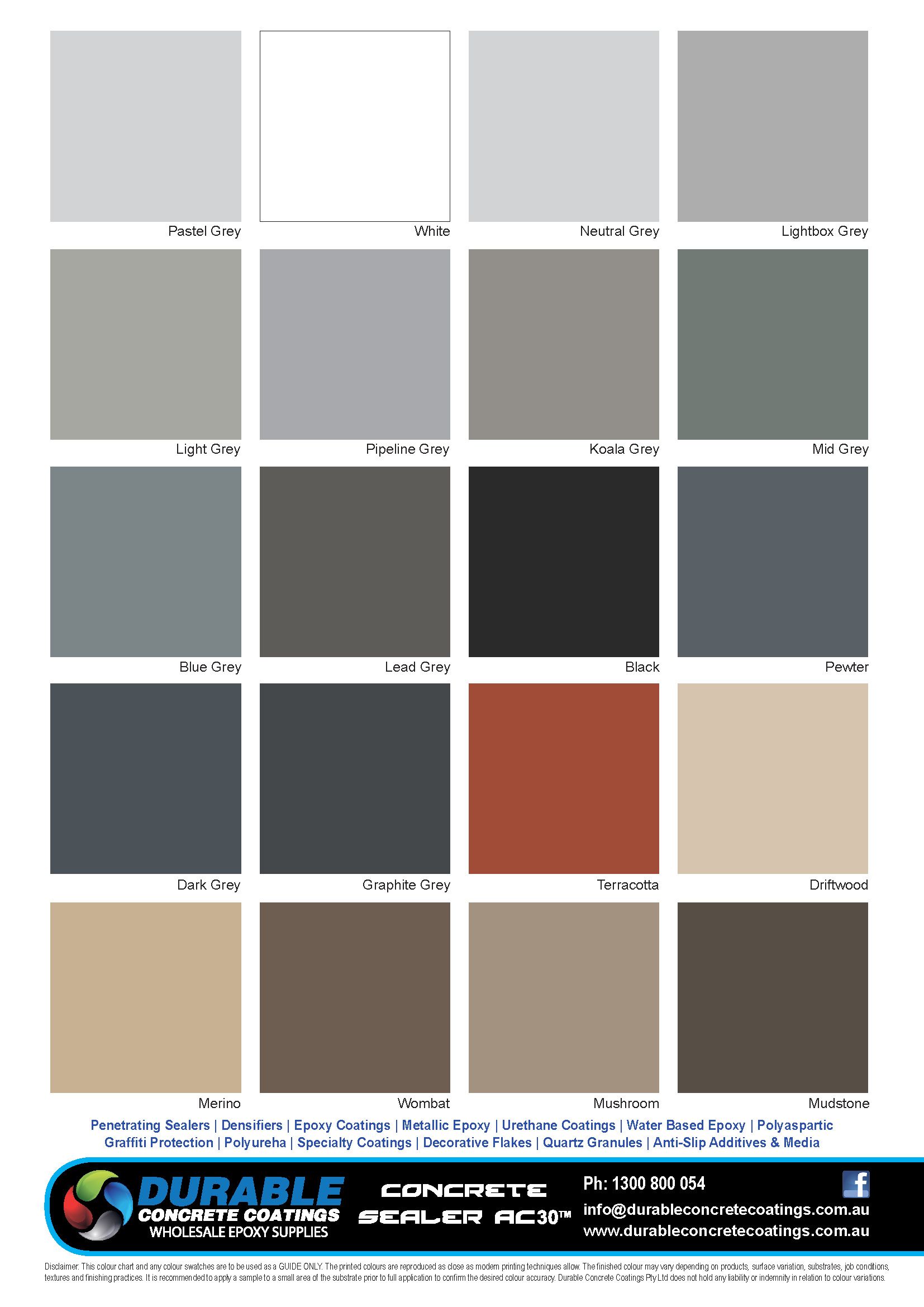 Durable Concrete Coatings DCC Sealer AC30 premium Australian-made concrete sealer colour chart featuring grey, terracotta, black, and earth tone swatches by Melbourne Concrete Sealing