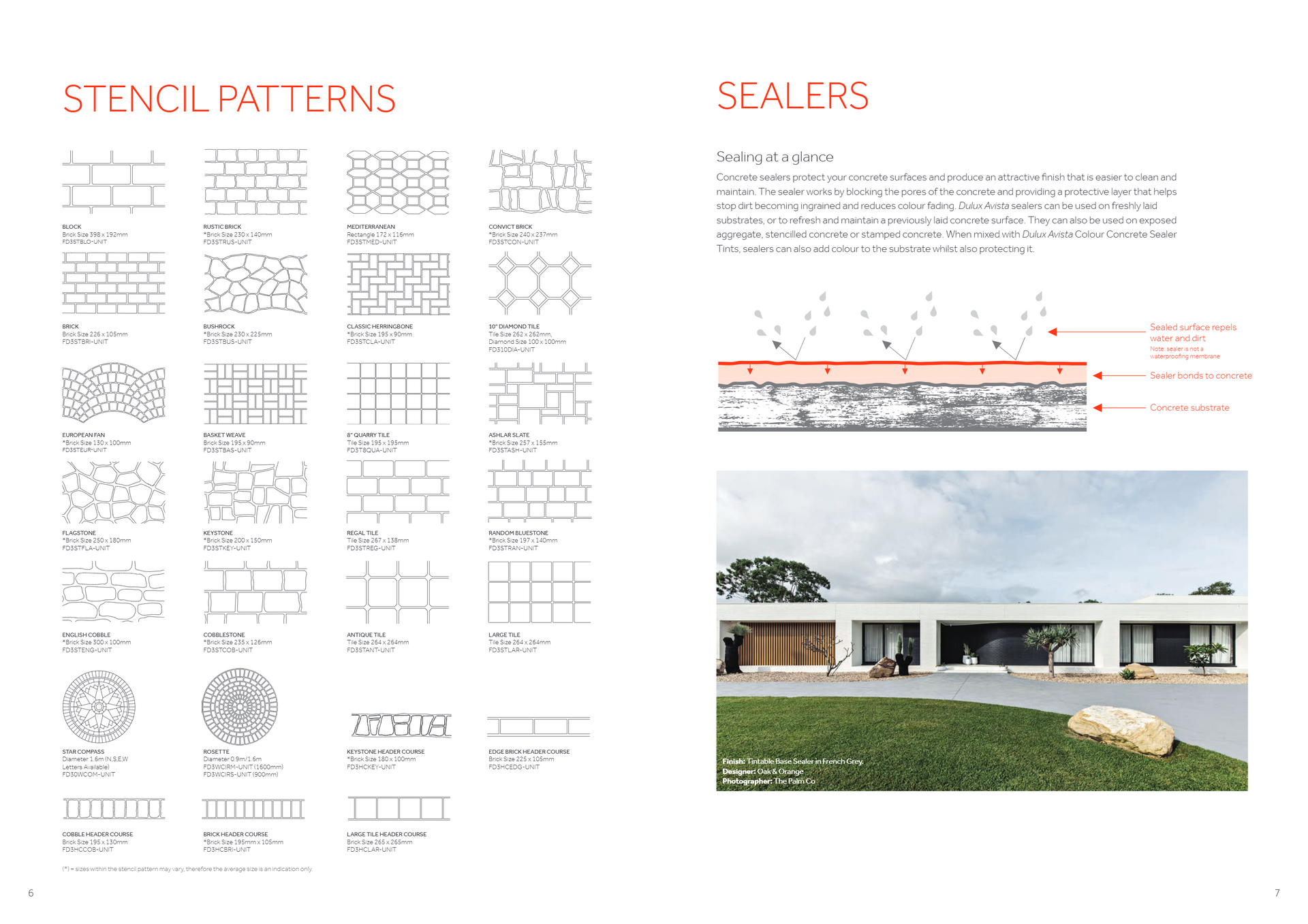 A book is open to a page with Dulux avista stencil patterns and sealers.