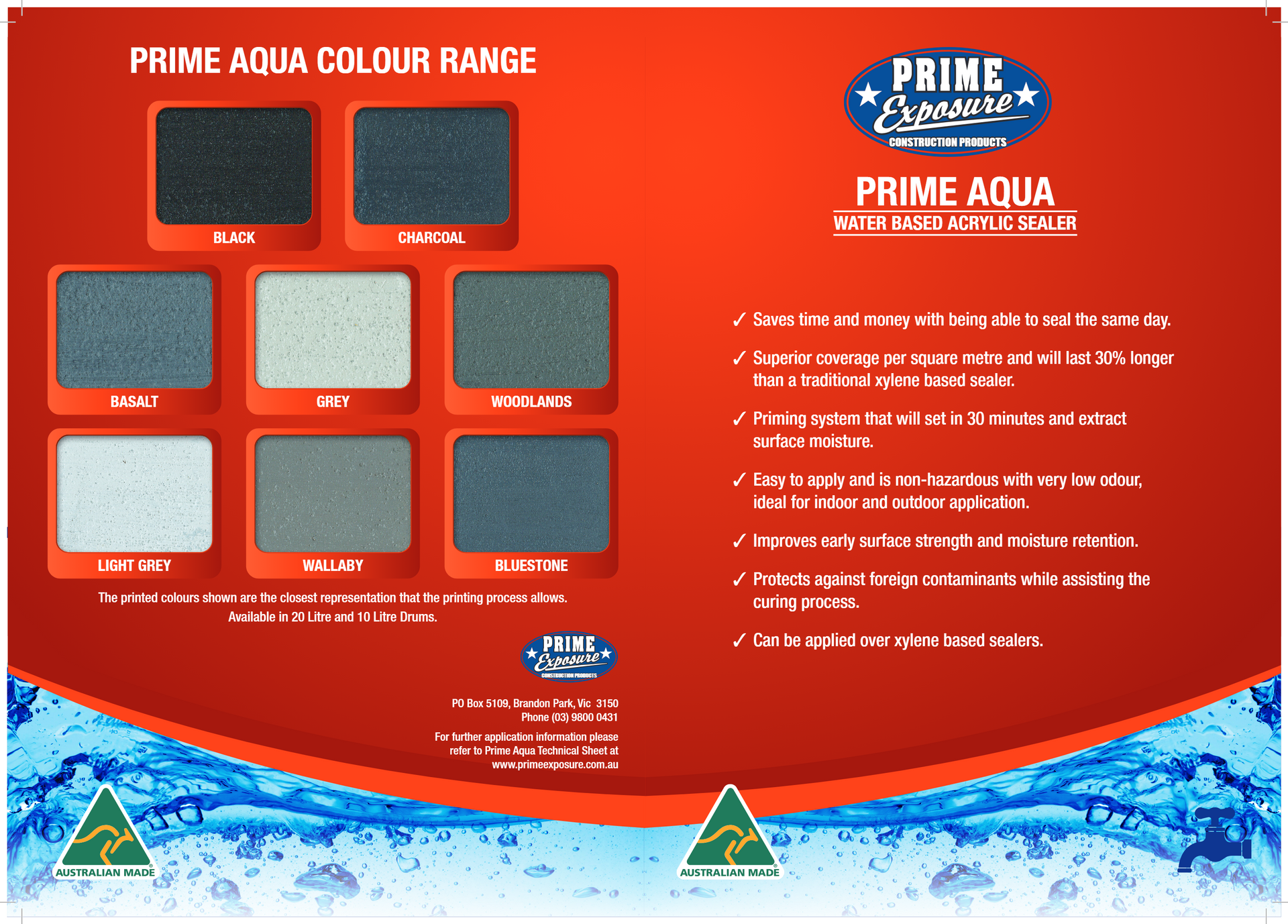 Prime Aqua water-based concrete sealer colour range selection by Melbourne Concrete Sealing. Professional eco-friendly sealing for driveways, pool surrounds, and patios across Melbourne.