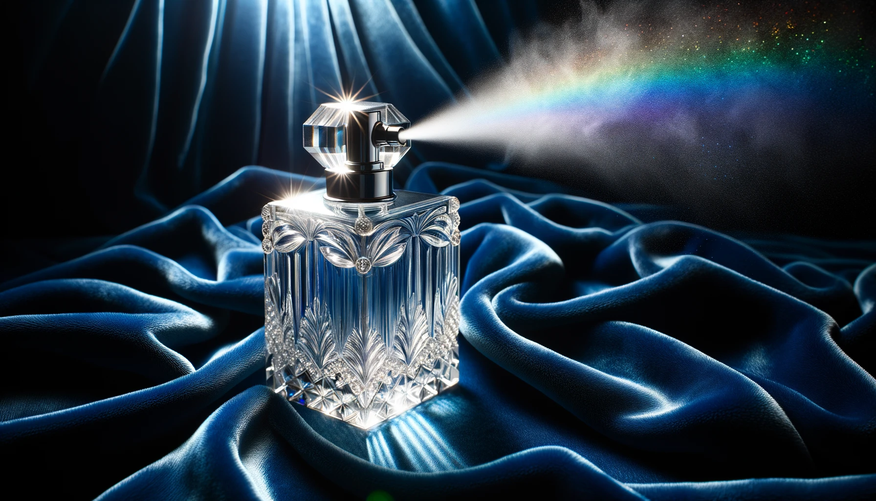 A bottle of perfume is spraying on a blue cloth