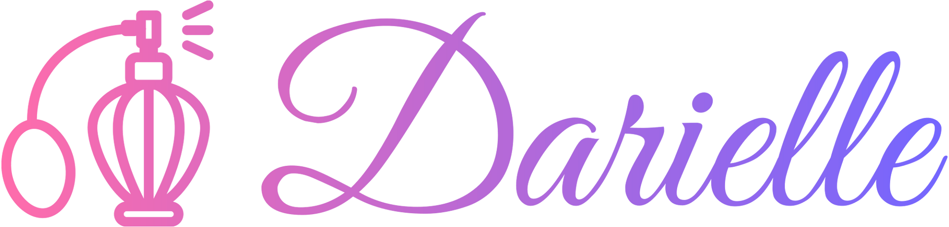 A pink and purple logo for darielle with a perfume bottle.