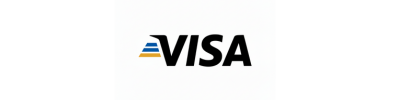 Visa logo in black with blue and gold stripes on a white background