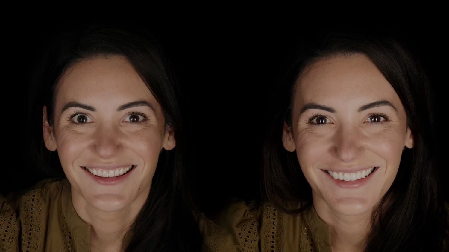 Two smiling women against a black background. Brown hair, eyes, and clothing.