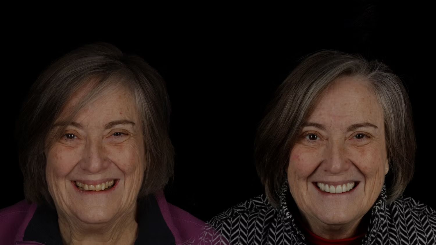 Two smiling women with gray hair, on a dark background. One in purple, the other in a patterned top.