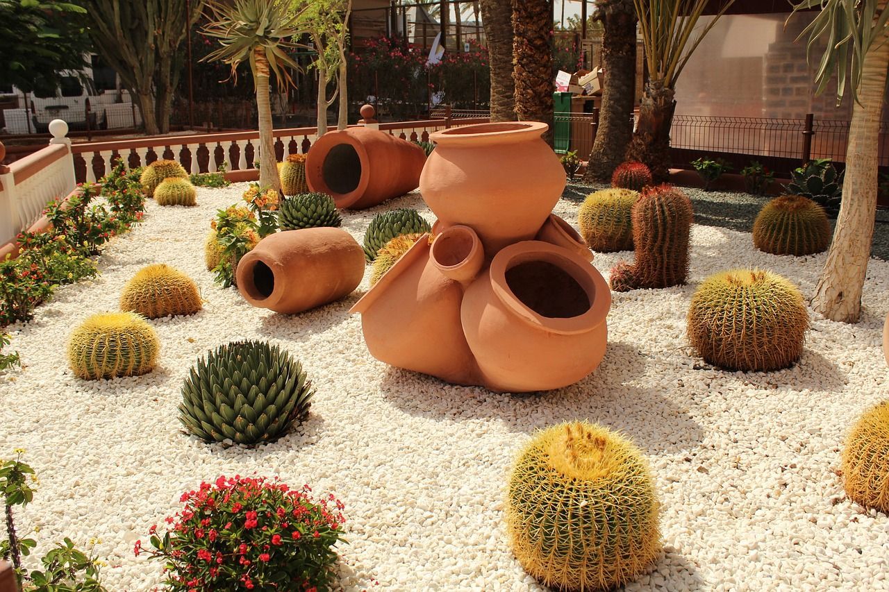 Terracotta pots in a landscaped garden with white gravel, shrubs, and palm trees