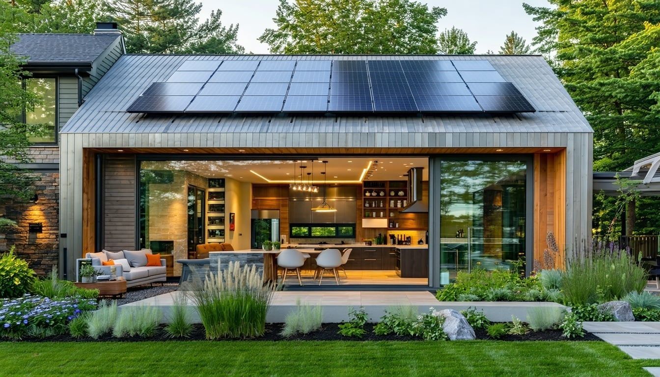 Modern house with solar panels, large glass windows, and a lush green garden at dusk